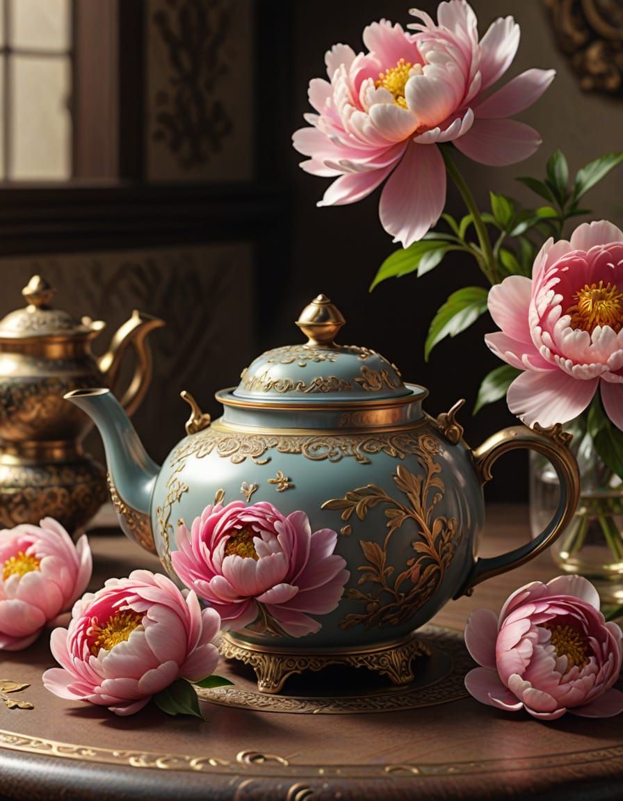 Peony Teapot: Hyperrealistic Oriental Style Digital Painting