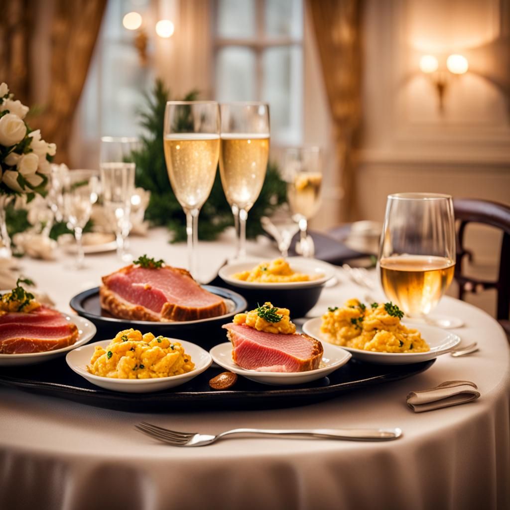 Elegant Supper: Ham, Eggs, Caviar, and Champagne