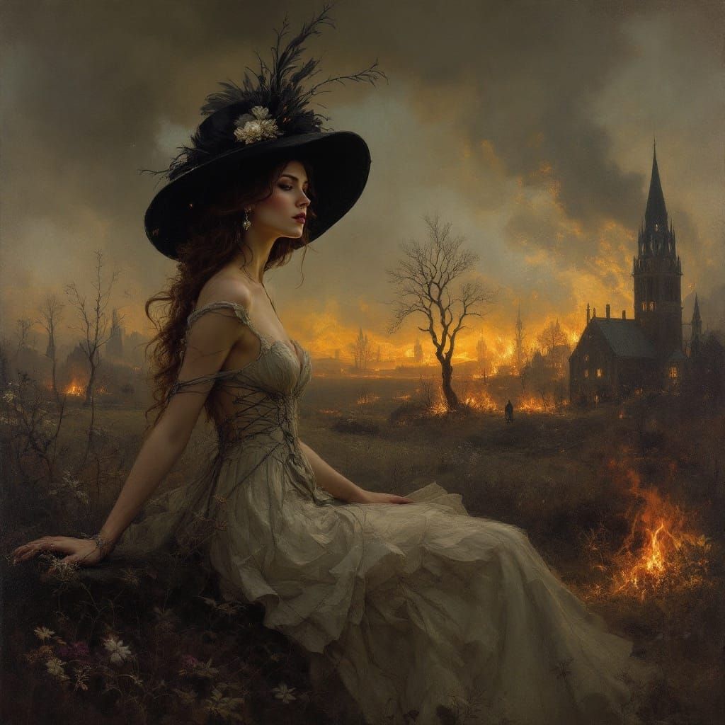 Romantic Victorian Woman Strolls Through a Futuristic Ruin