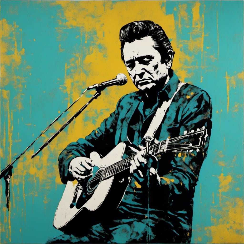 Johnny Cash Silkscreen Portrait in Cyan and Black