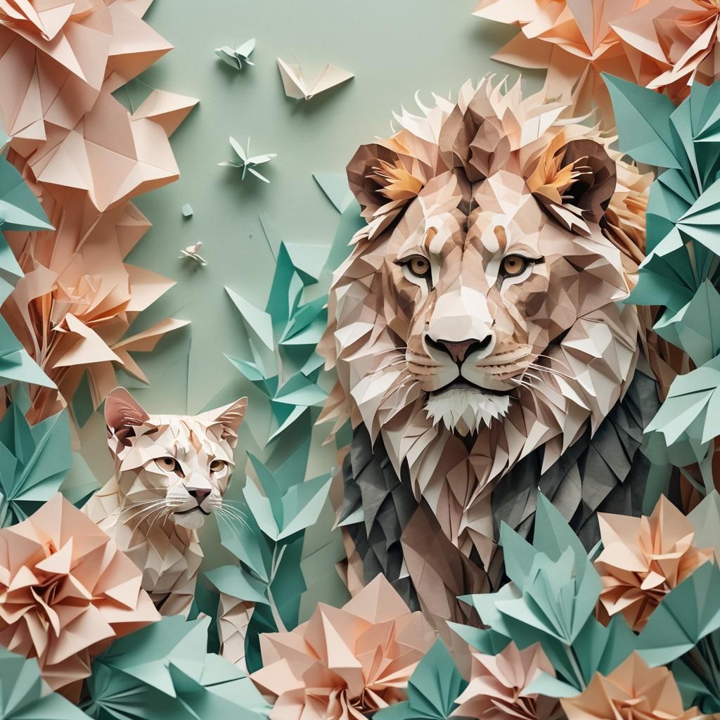 Lion and Cat Papercraft Double Exposure