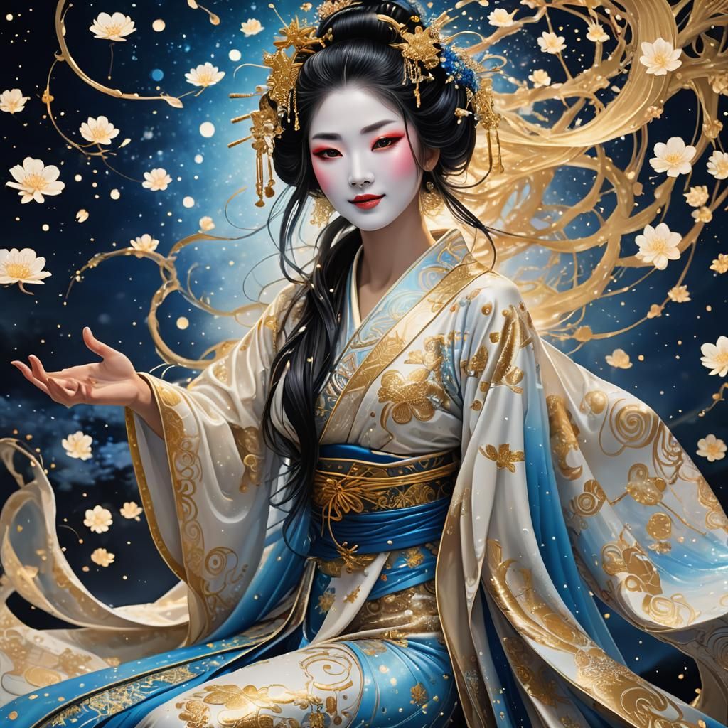 Enchanting Geisha in Bioluminescent Starlight, Art Nouveau S...