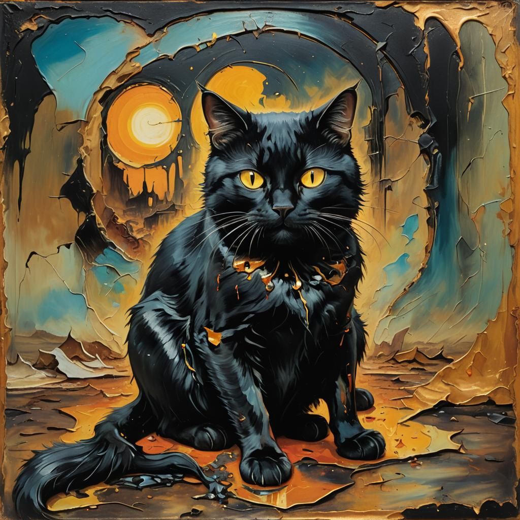 Vintage Halloween Black Cat in Surrealist Style