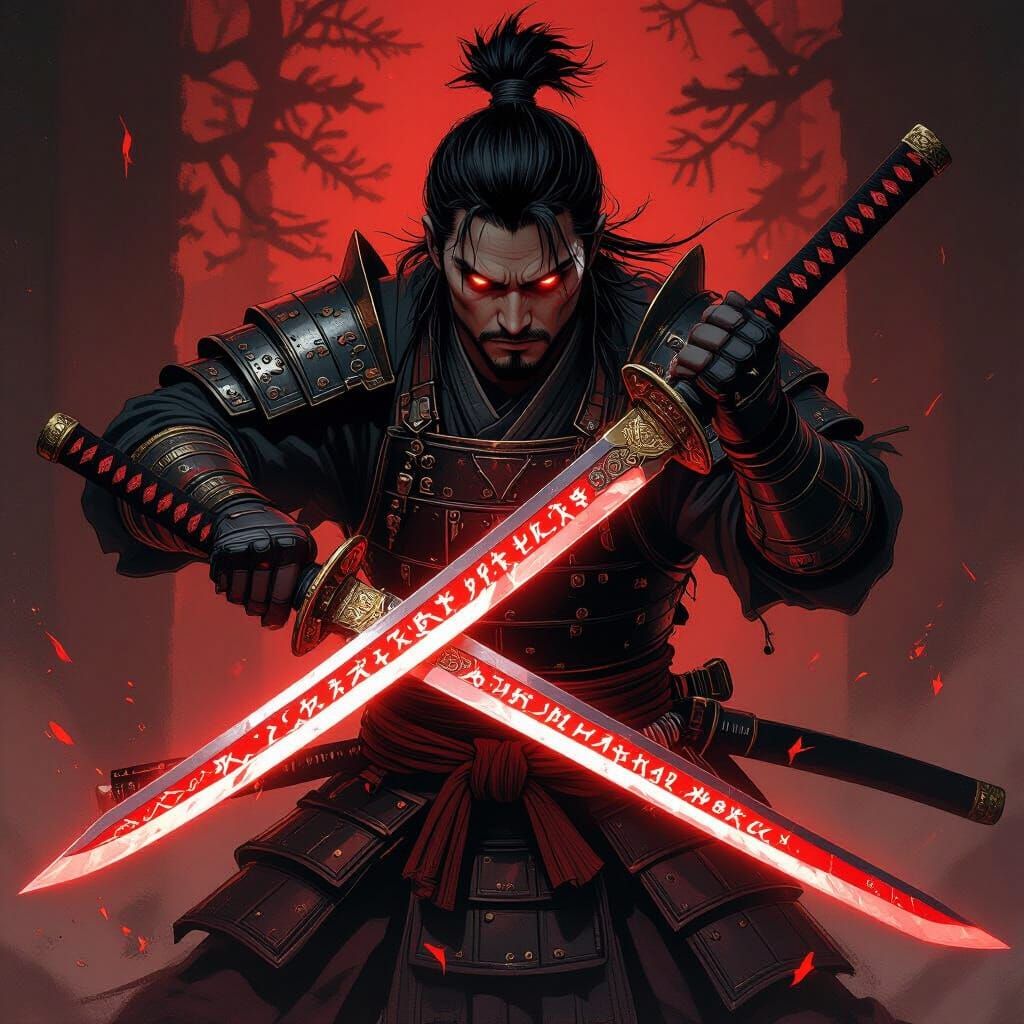Warrior Wielding Glowing Runed Katanas in Dark Fantasy