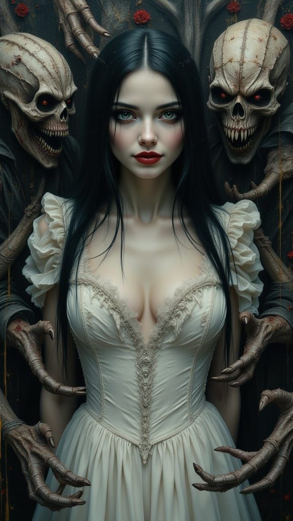 Happy Girl Surrounded by Demons in Dark Fairytale Oil Painti...