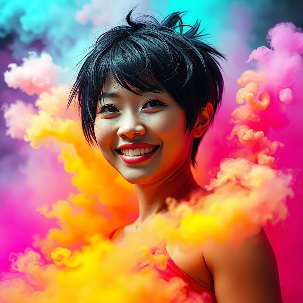 Asian Woman Emerges from Hyperrealistic 3D Mist