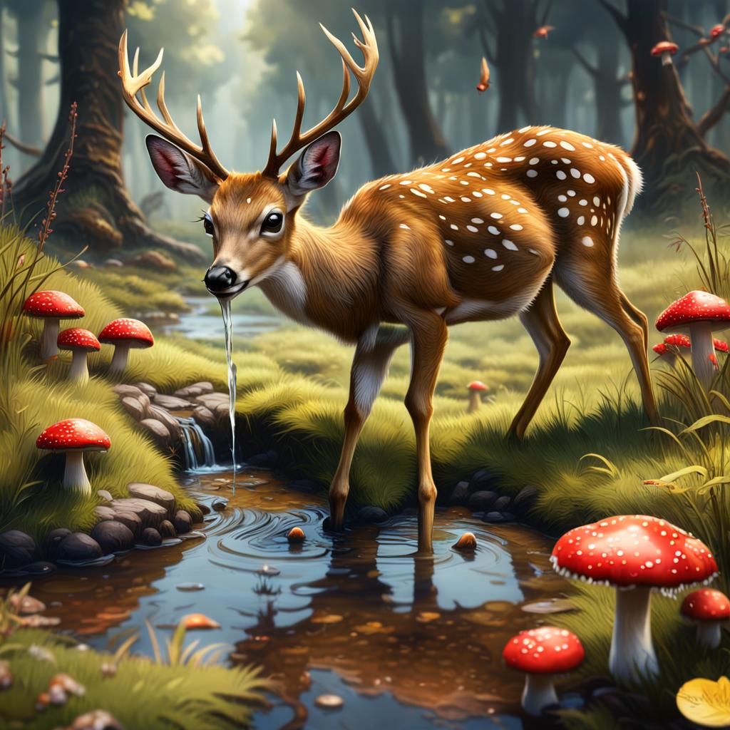 Baby Deer Drinking Water, Detailed Matte Painting