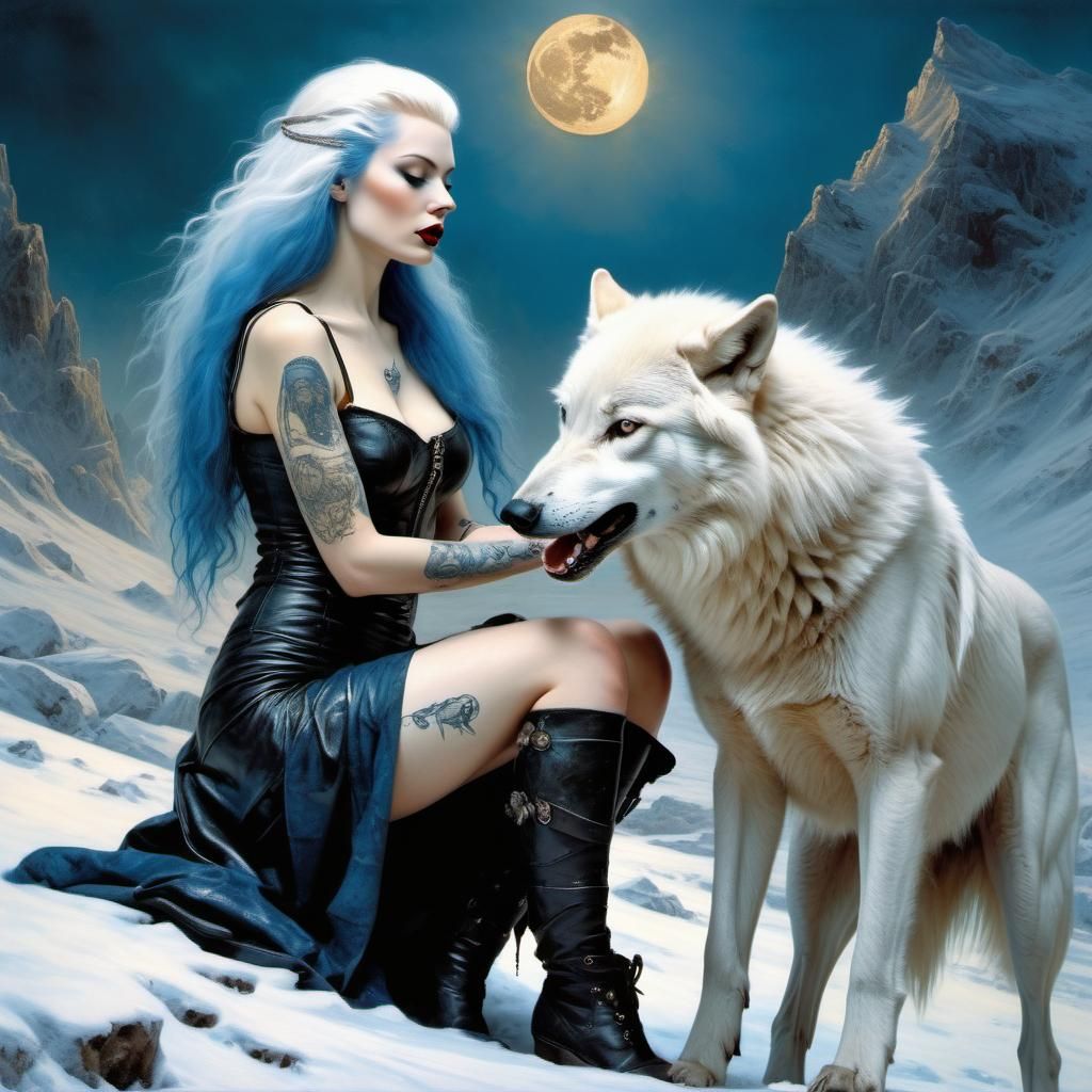 Albino Goddess and Wolf in Winter Landscape