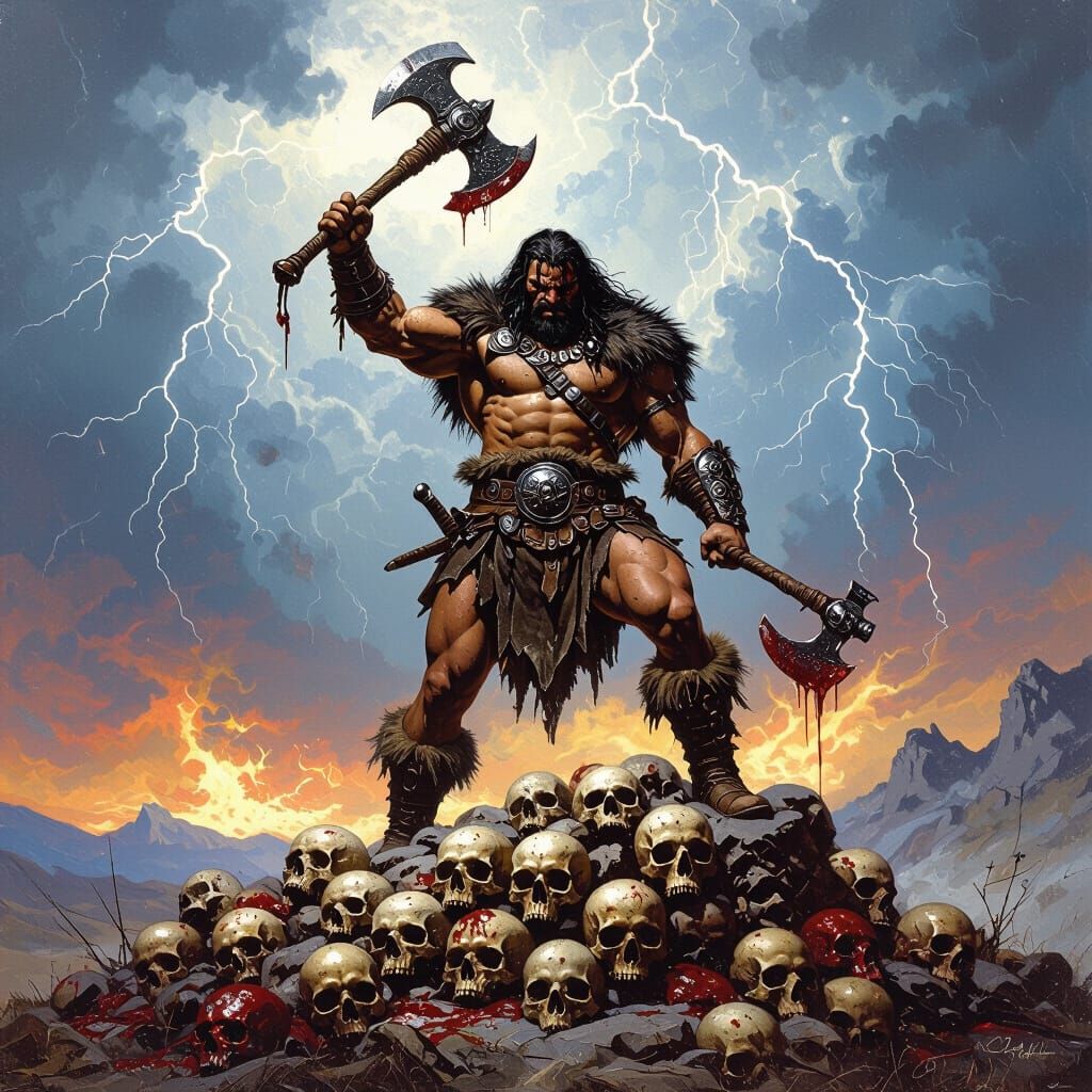 Barbarian Warrior Triumphant on Mountain of Skulls