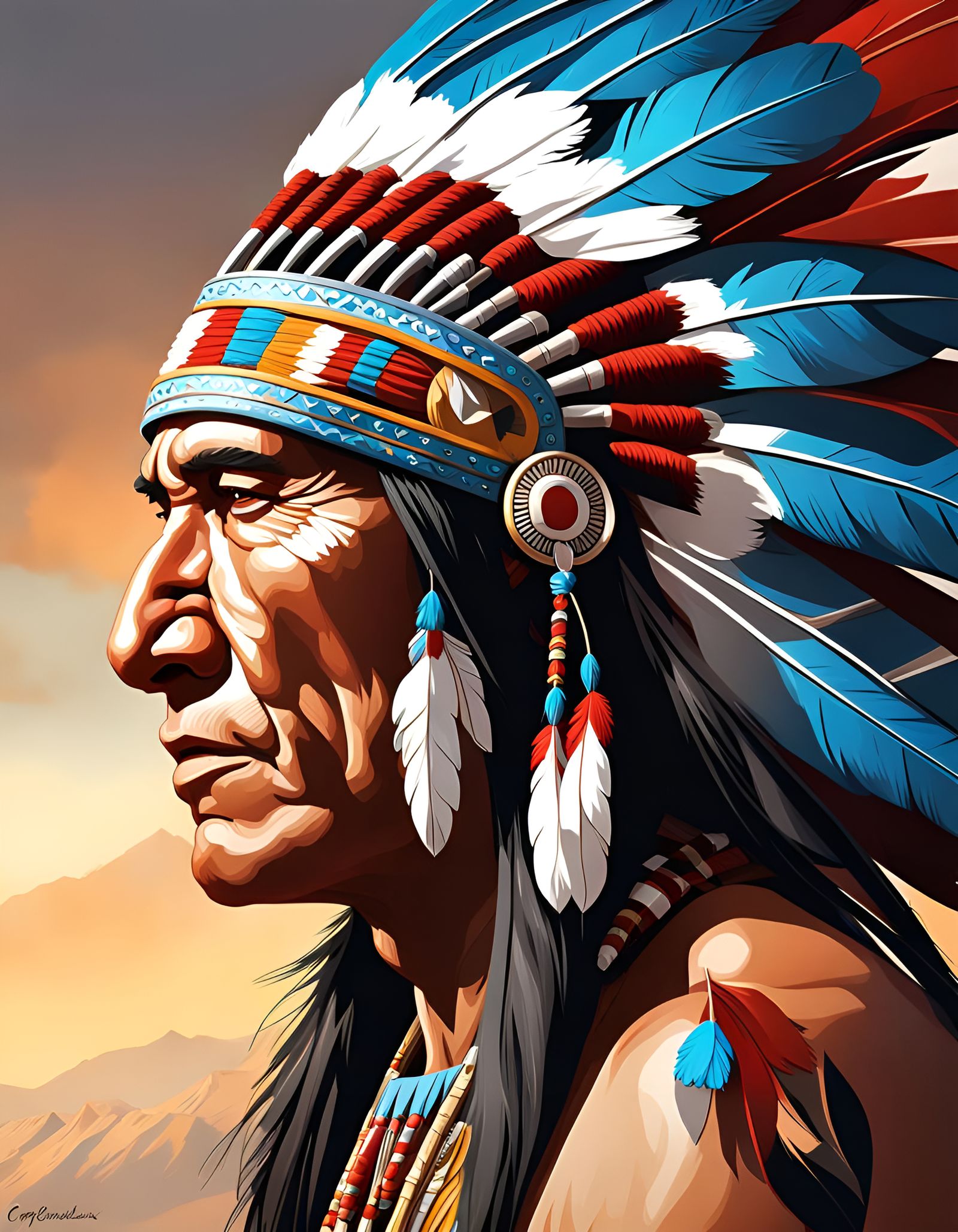 Native American Chief Portrait in Hyperdetailed Painting