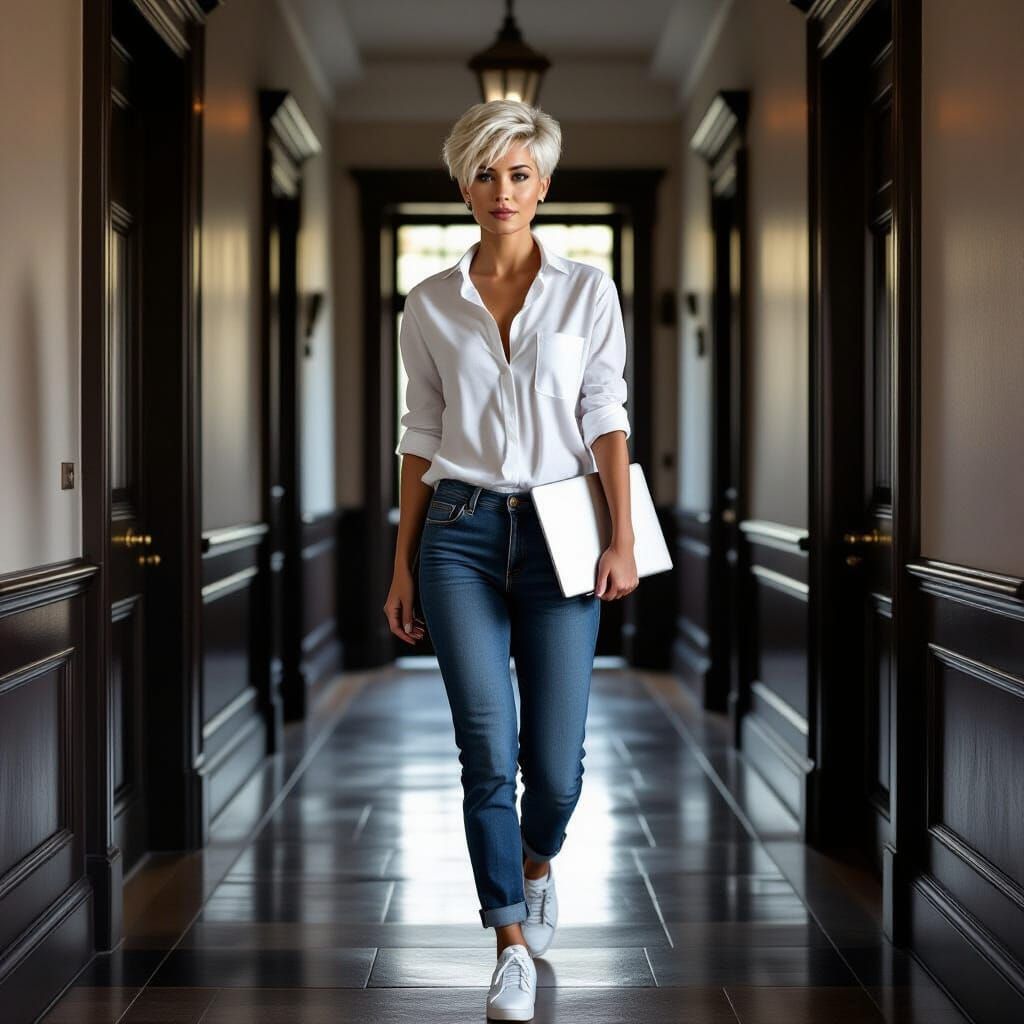 Woman Wandering Hallway of Old English Estate