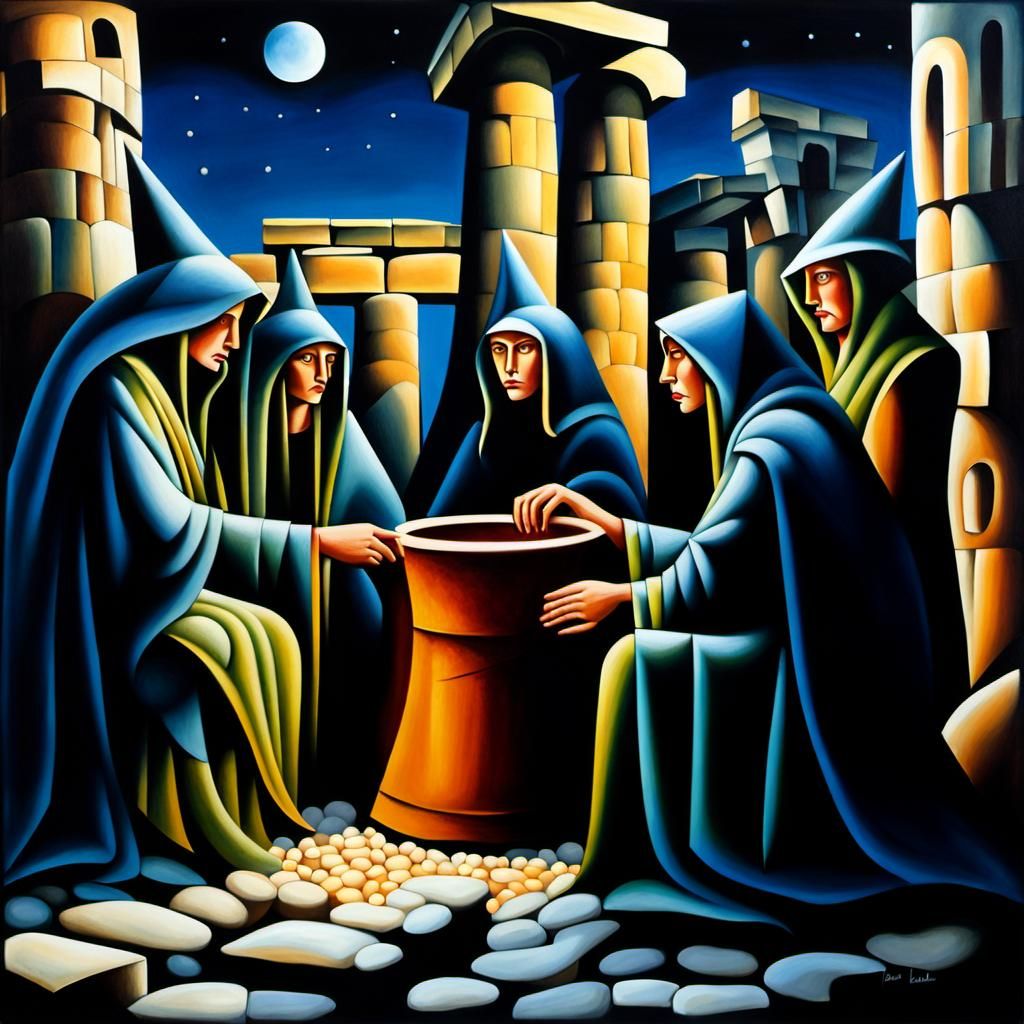 Witches' Meeting at Stonehenge in Cubist Style
