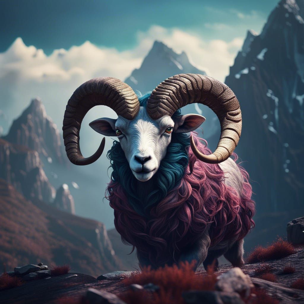 Ram Sheep with Horns and Mountain Backdrop