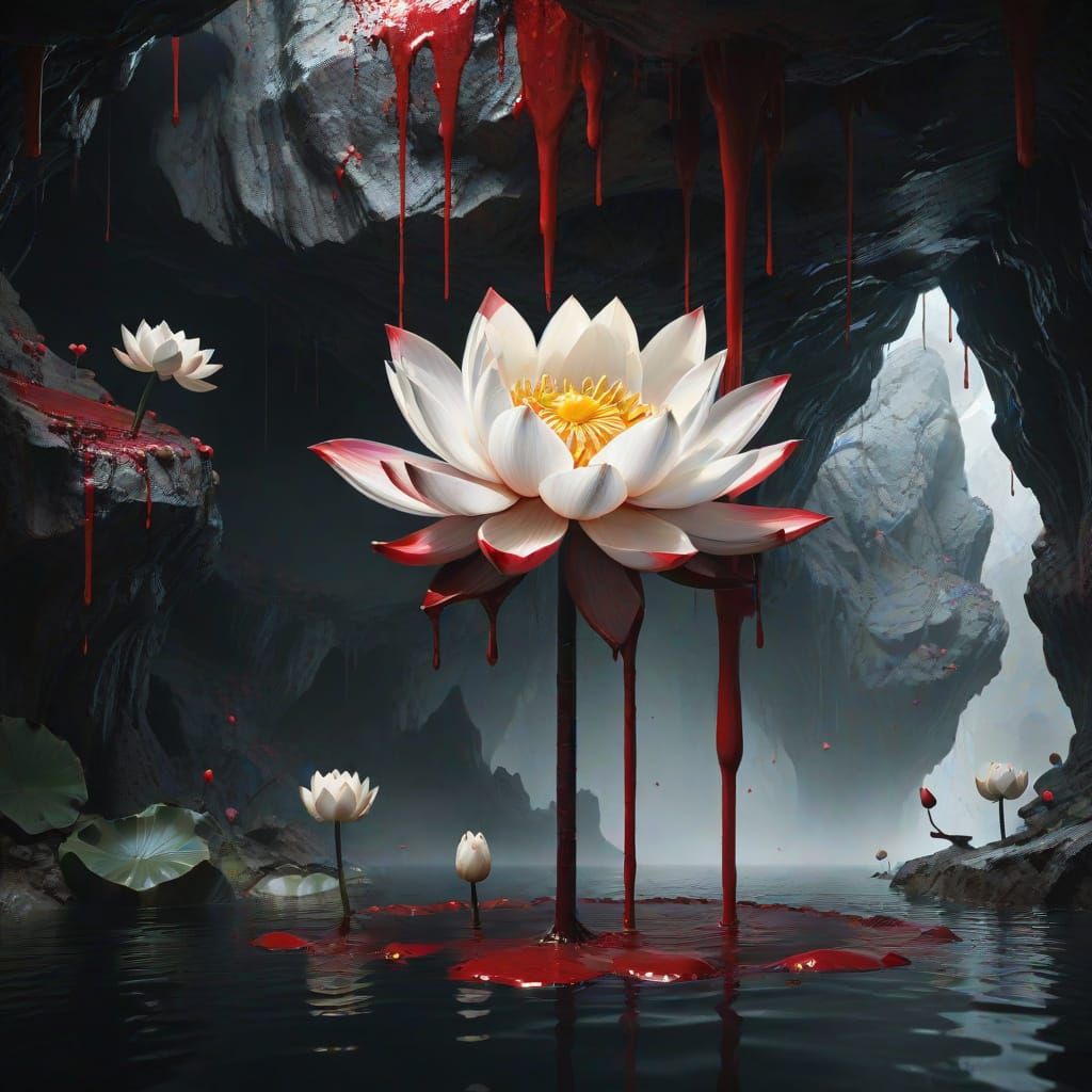 Bloody Cave Pool with White Lotus Flowers