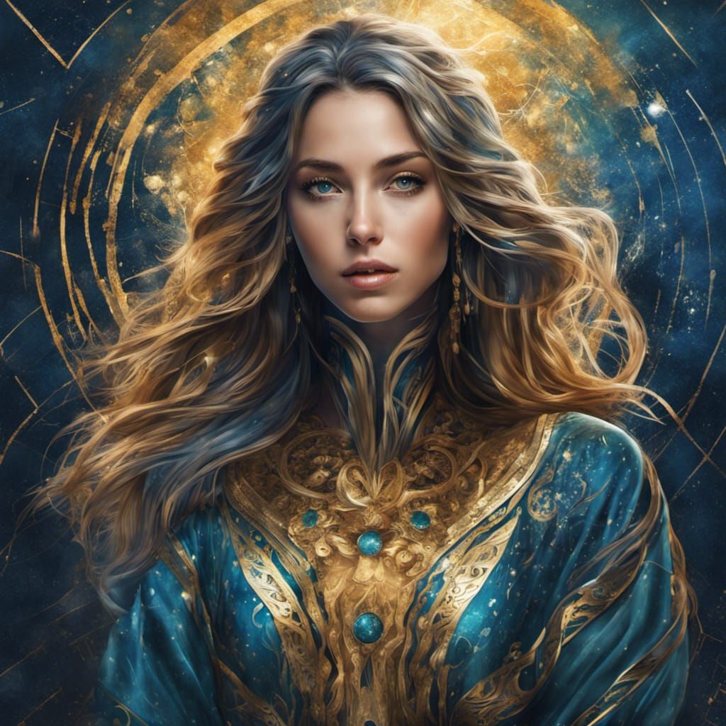 Cosmic Woman in Ornate Robes: Splash Art Fusion
