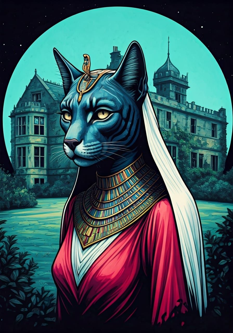 Bastet Portrait in 1920s Manor, Graphic Novel Style