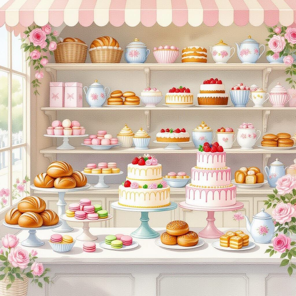 Whimsical Bakery with Cakes and Macarons in Watercolor Style