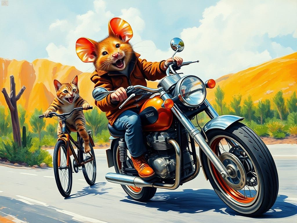 Mouse on Motorcycle Races Cat, Gouache Style