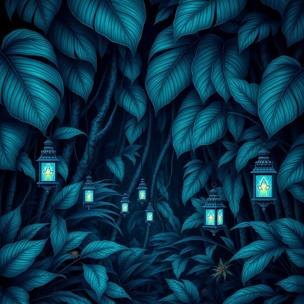 Ethereal Blue Forest with Enchanted Lanterns