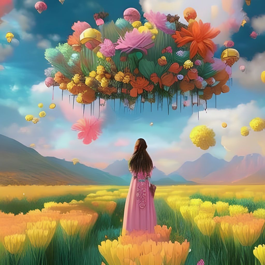 Girl in Floral Landscape with Glowing Eyes