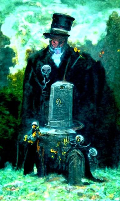 Steampunk Mourner at Graveside: Sinister Oil Painting