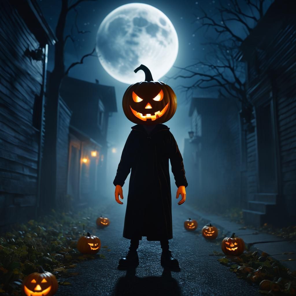 Eerie Pumpkin Figure in Misty Alley