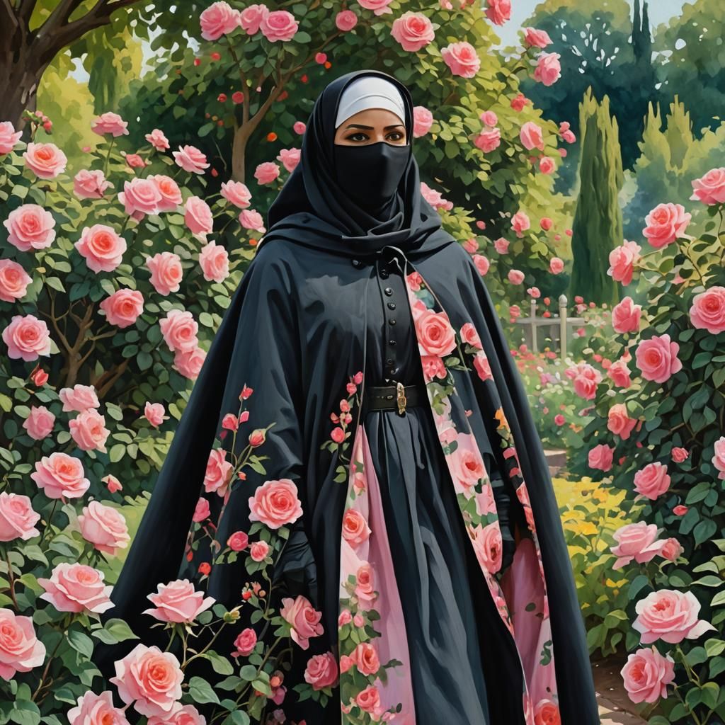 Niqabi Woman in Rose Garden, Gouache Watercolor Painting