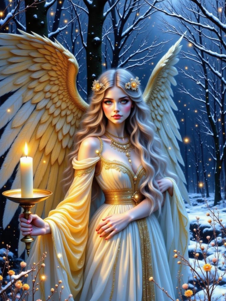 Ethereal Angel Holds Glowing Candle in Snowy Forest
