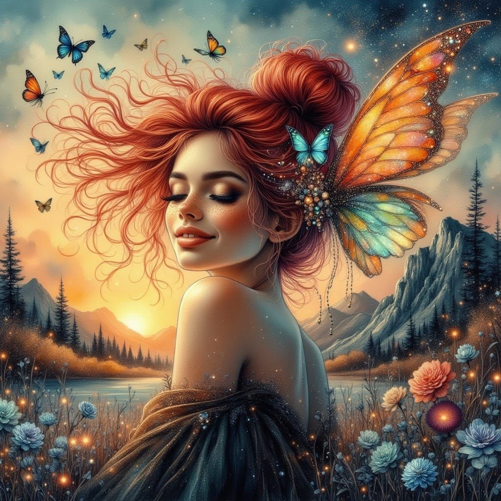 Woman Dissolving into Sunset Mountains with Cosmic Sky