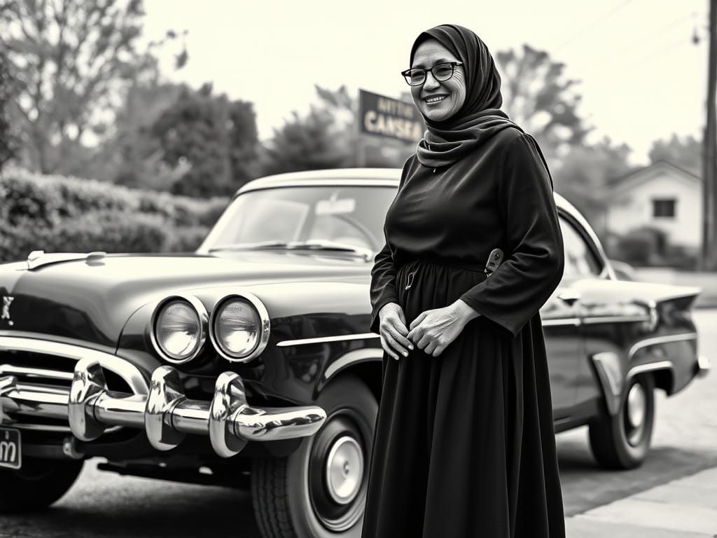 Vintage Art Deco Portrait of a Modest Woman with Vintage Car