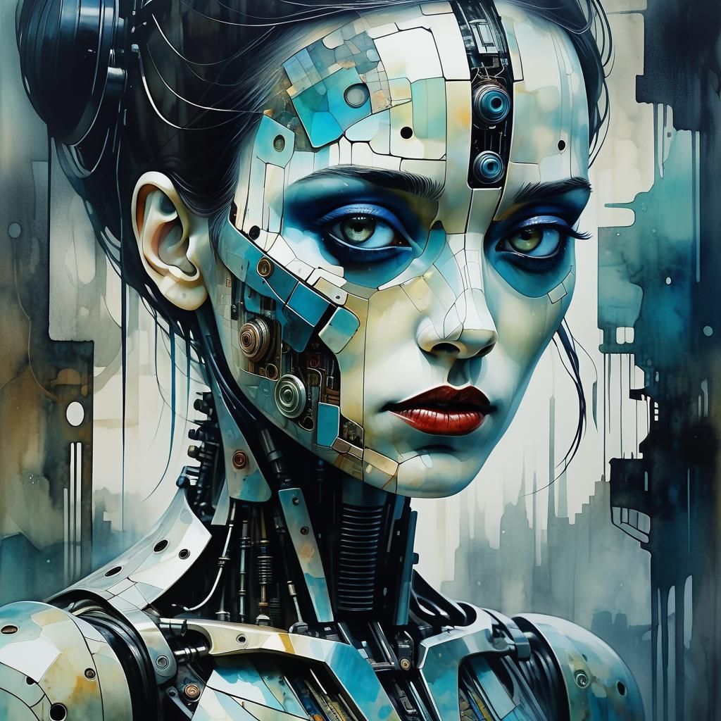 Surreal Cyberpunk Cyborg in Cubist Cityscape