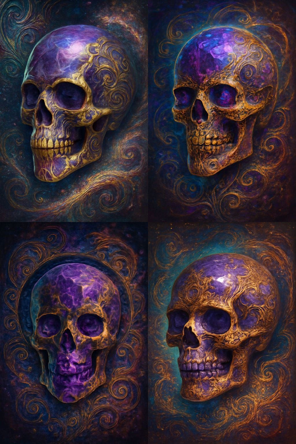 Holographic Skull of Amethyst and Gold with Cosmic Dust