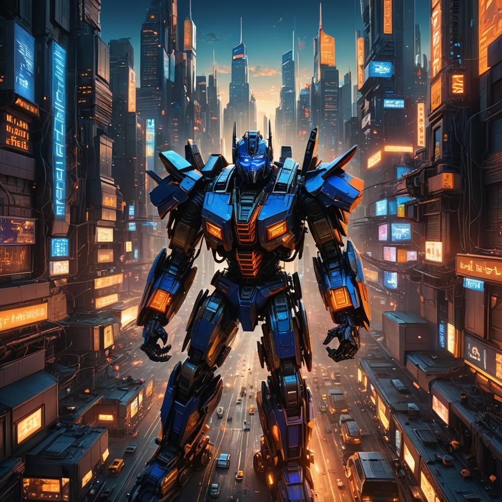 Futuristic Cityscape with Transformers in Neon Lights