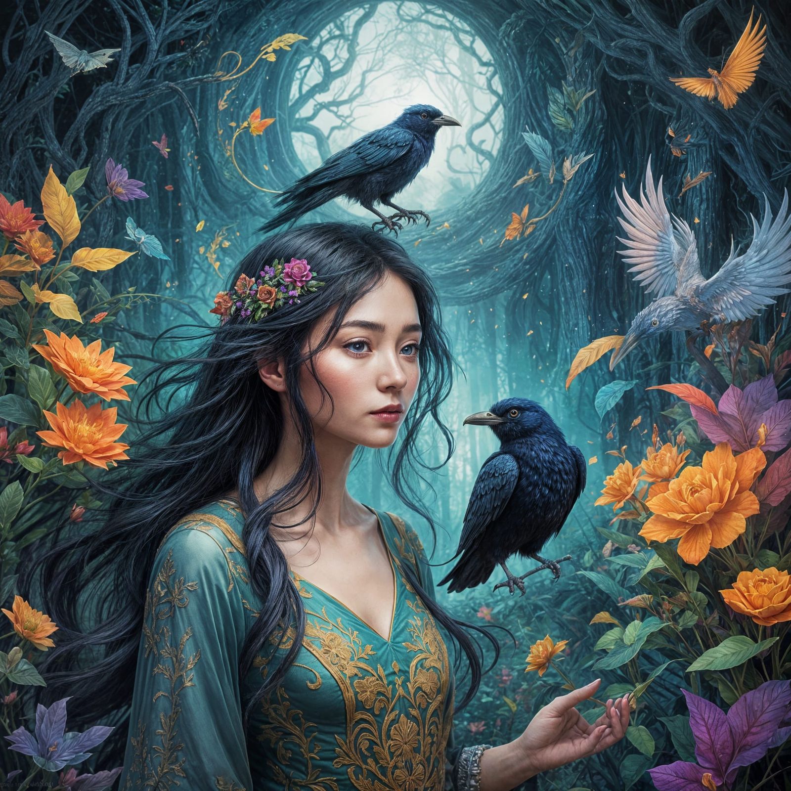 Enchanting Sorceress in a Vibrant Magical Realm