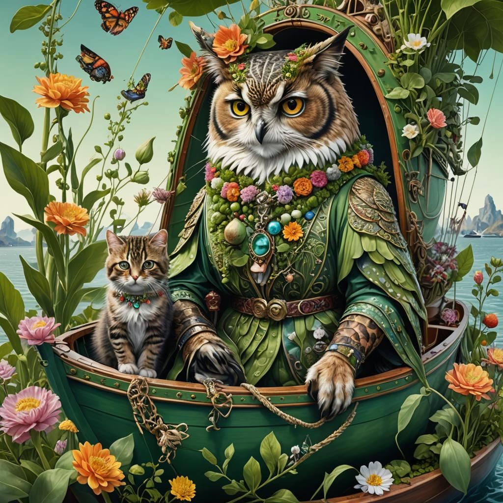 Owl and Cat on Pea-Green Boat in Pop Art Style