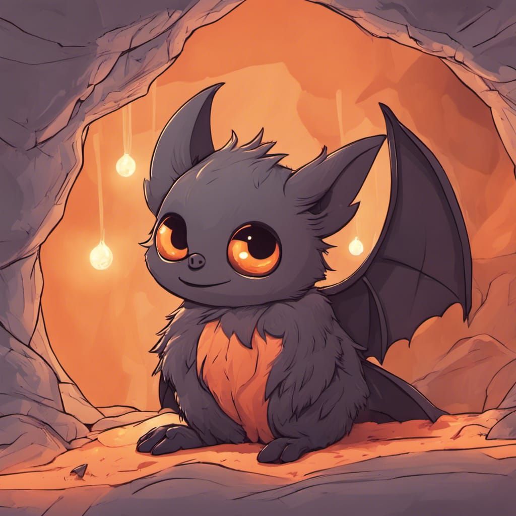 Cute Fluffy Bat in Cave with Orange Lights