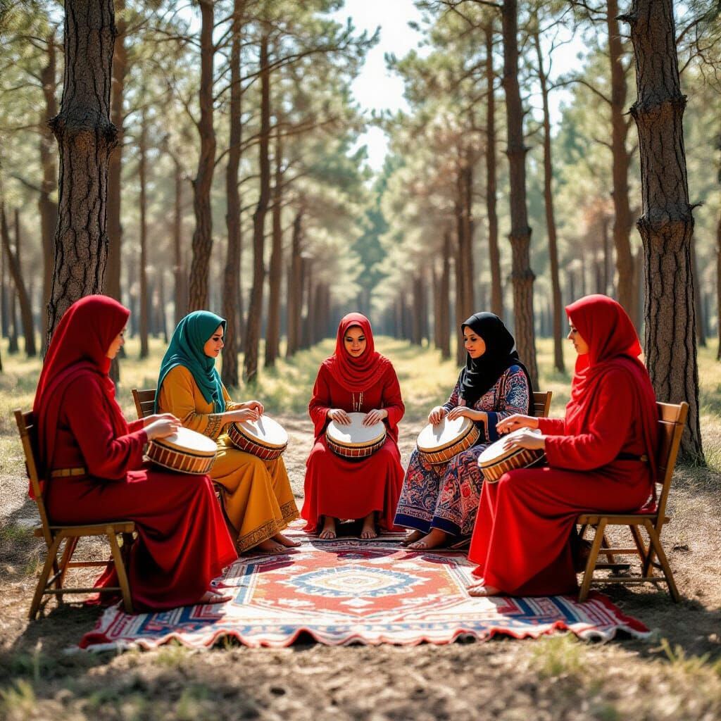 Arab Women Drumming in Forest, Traditional Style