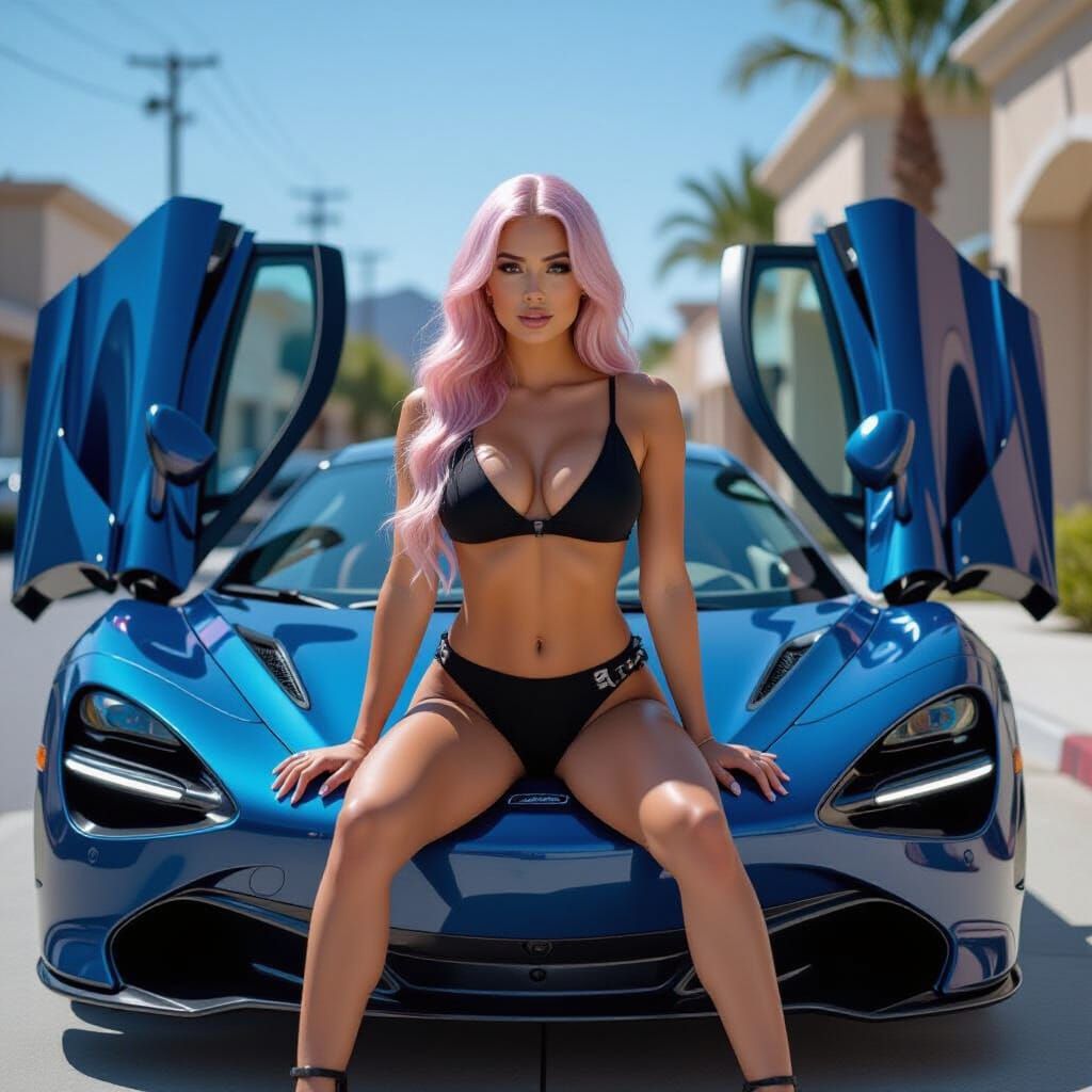 Pink-Haired Woman on Indigo McLaren 765LT