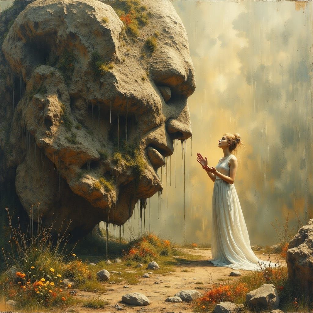 Mystical Blonde Woman Prays Beside Ancient Boulder