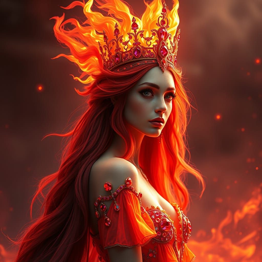 Fiery Goddess in Ruby Tiara, Majestic Red Locks