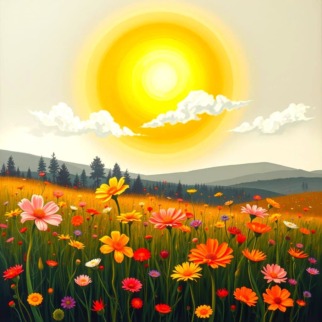 Vibrant Field of Flowers Under a Radiant Sun