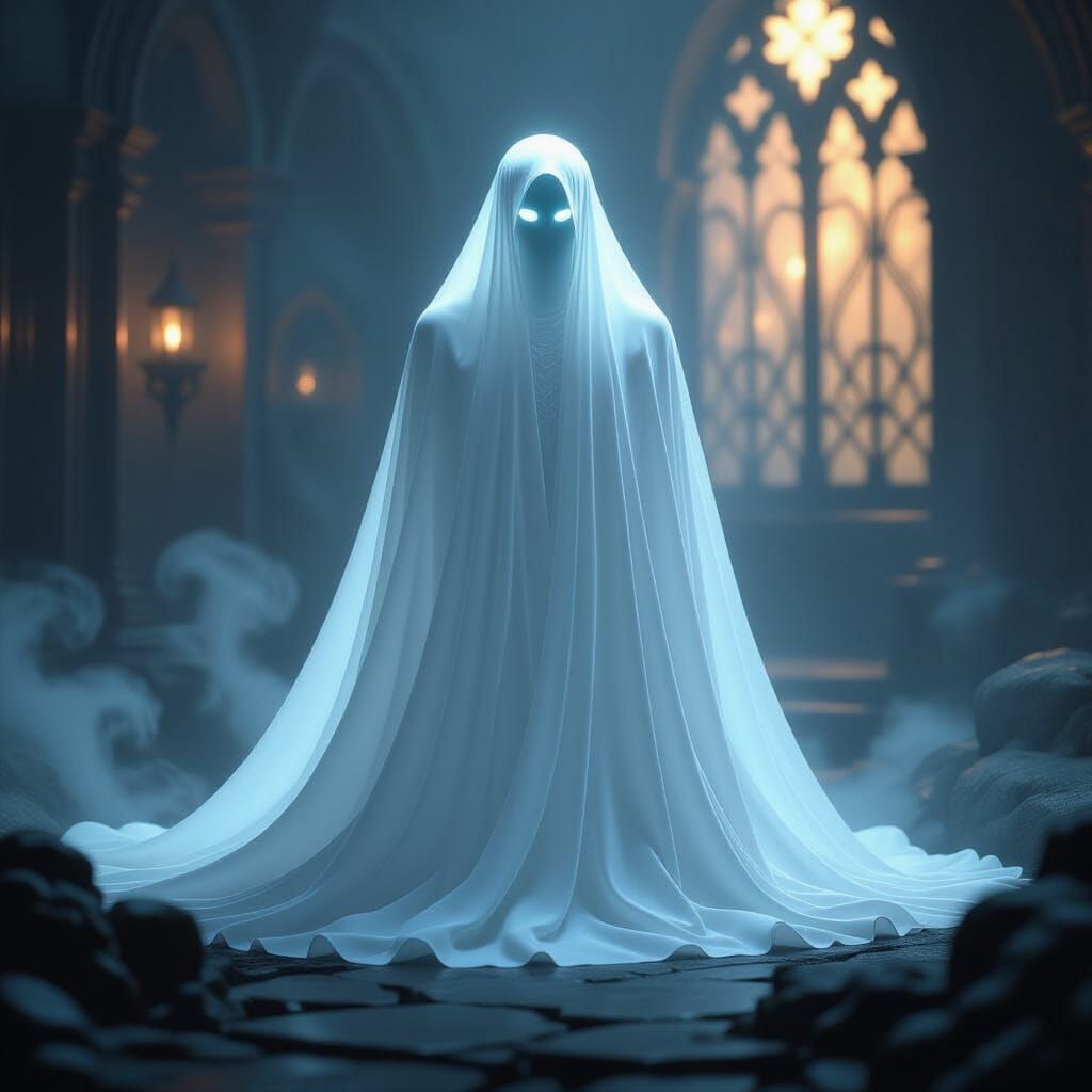 Ethereal Ghost in Misty Landscape with Volumetric Lighting