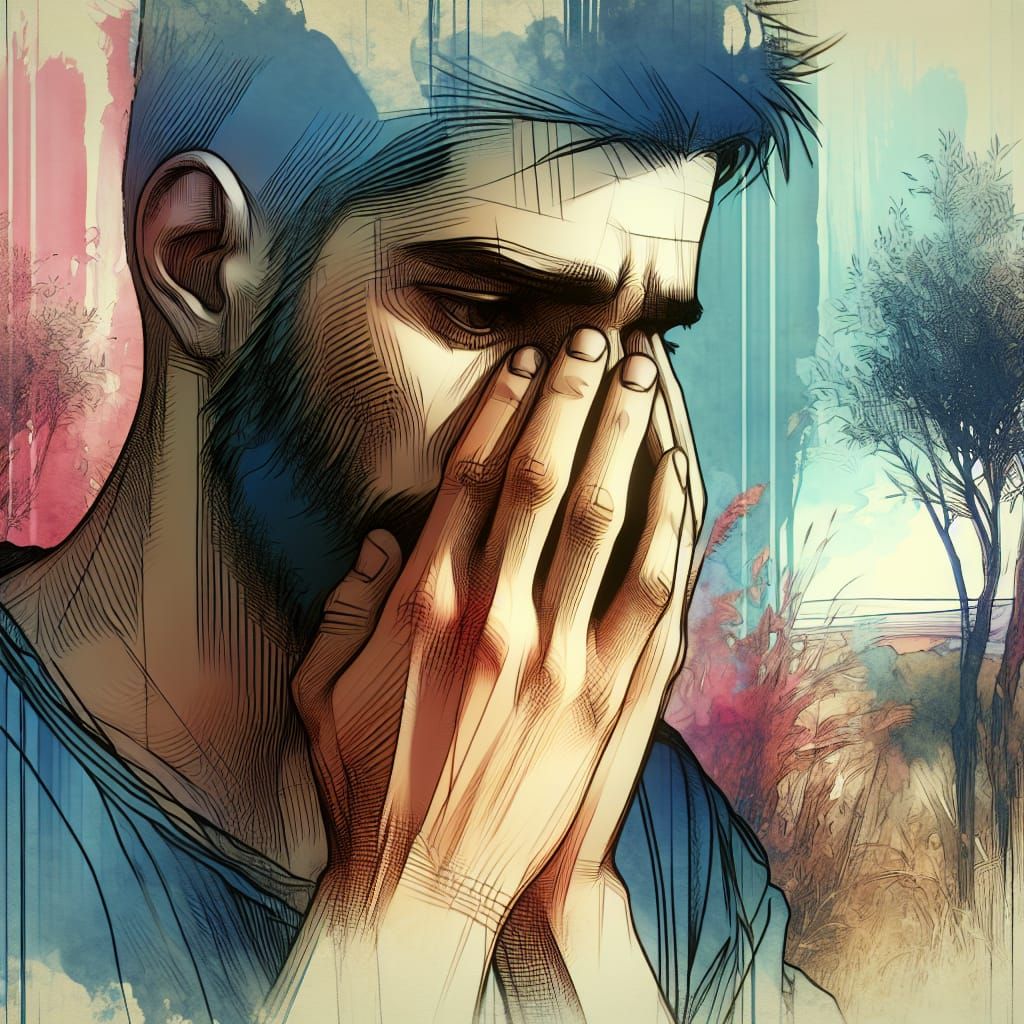 Man with face in hands WLOP expressionism watercolor ink dra...