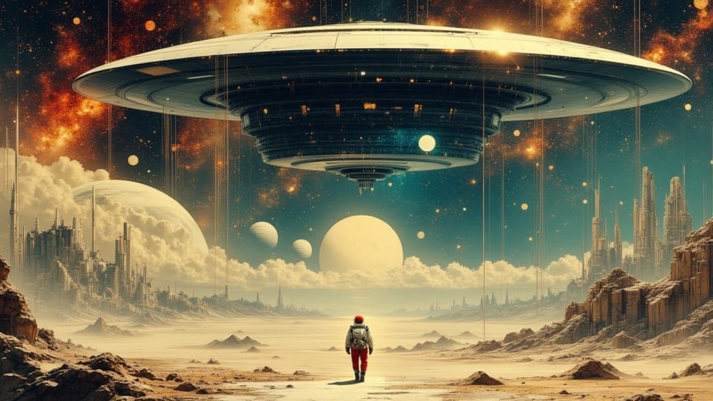 Astronaut and Alien on Distant Planet in Cosmic Surrealism