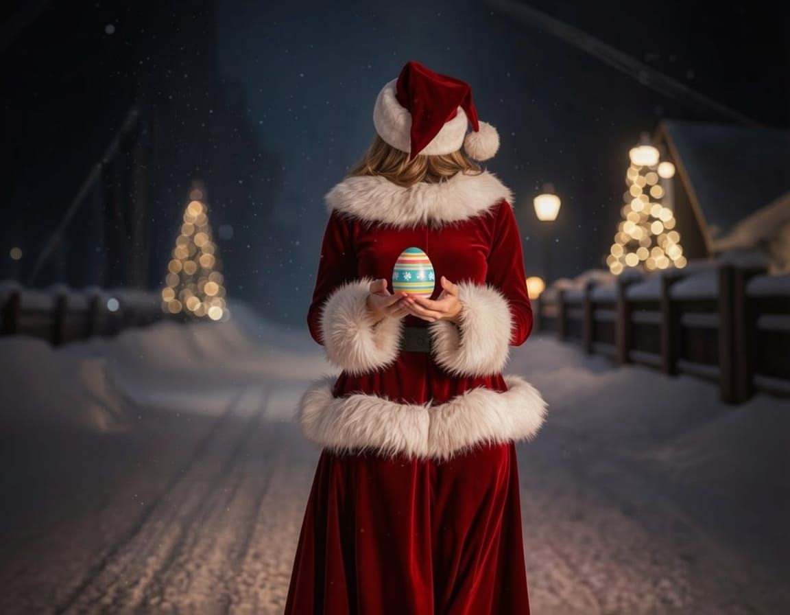 Mrs. Claus Waves Goodbye in Snowy Night
