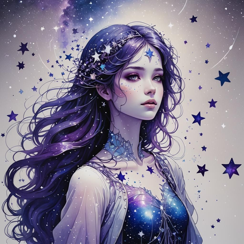 Celestial Girl Silhouette with Stardust, Digital Art