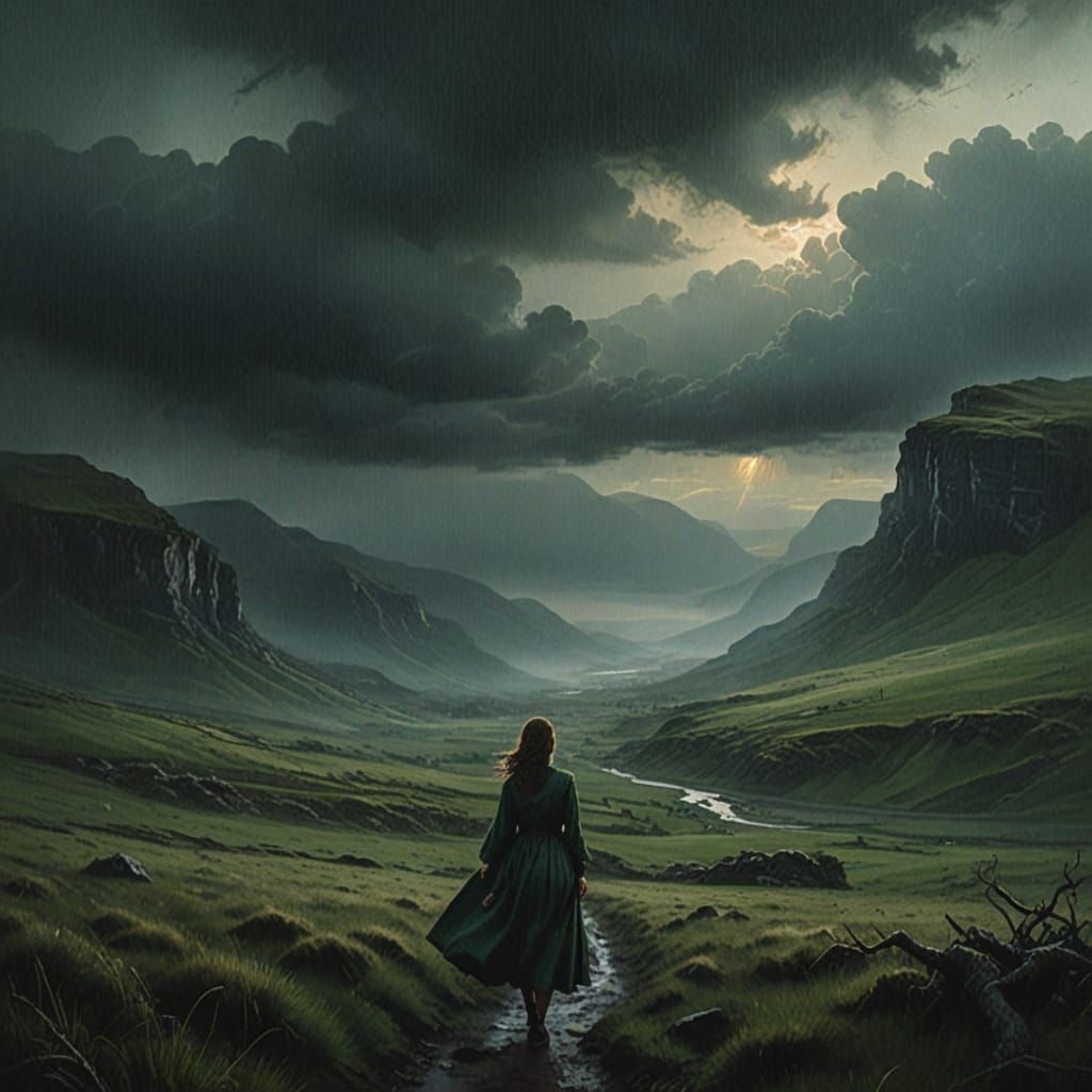Dark Fantasy Woman in Moody Green Valley Oil Painting