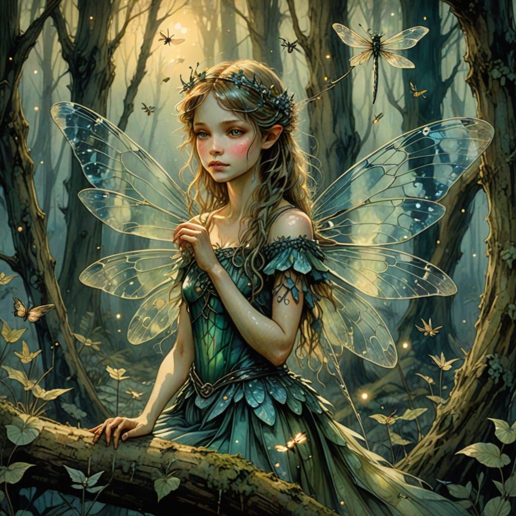 Enchanted Fairy Forest with Dragonflies in Watercolor Style