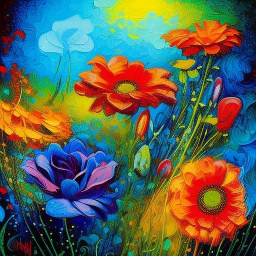 Colorful Flowers in Mixed Media Style