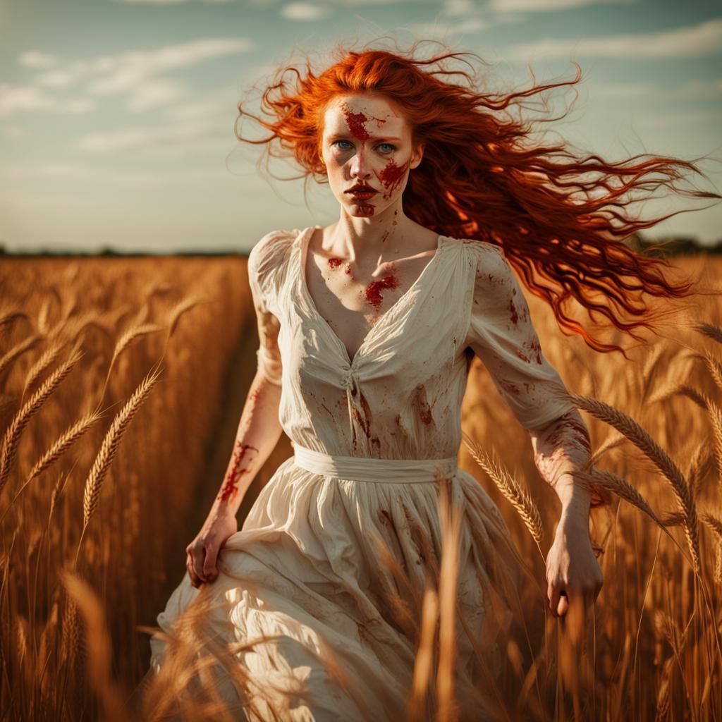 Bloody Woman in Grain Field: Van Gogh Style